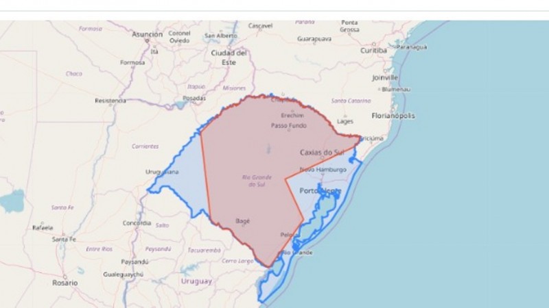 Mapa do RS mostrando as possíveis regiões afetadas 