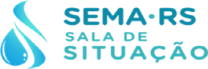 Logo branco com palavras em tons azuis escrito "SEMA RS. Sala de Situação", a esquerda uma gota d'água.