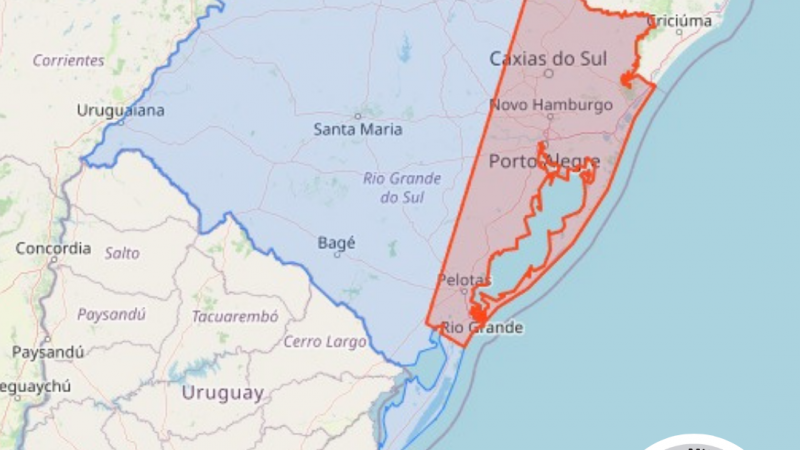 Alerta para rajadas intensas de vento de até 100 km/h com risco para transtornos. Válido até às 18h do dia 13/07/23. Emergência ligue 190/193.