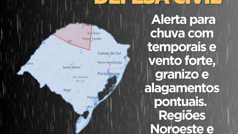 Alerta para chuva com temporais e vento forte, granizo e alagamentos pontuais.