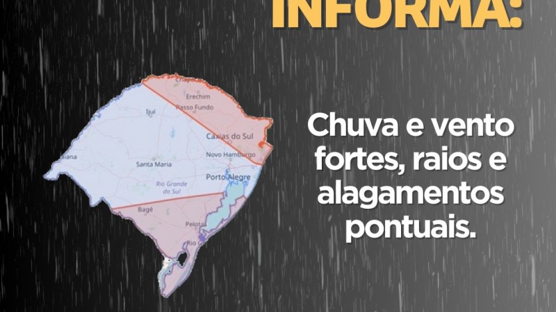 Defesa Civil informa: Chuva e vento fortes, raios e alagamentos pontuais nas regiões Norte, Nordeste e Serra. Emergência ligue 190/193.