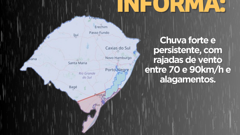 Defesa Civil informa sobre chuva forte e persistente, com rajadas de vento entre 70 e 90km/h