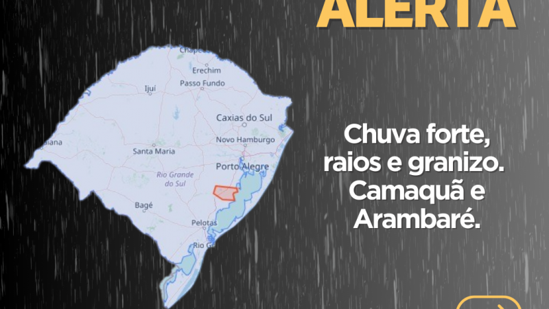 Arte com o título Defesa Civil Alerta, apresentando um mapa do Estado com a área de Camaquã e Arambaré sinalizadas em vermelho, com a legenda Chuva forte, raios e granizo em Camaquã e Arambaré, vigência até 10 horas e 10 minutos do dia 27 de abril