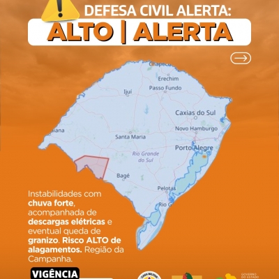 Mapa do RS com alerta laranja para a região da campanha.