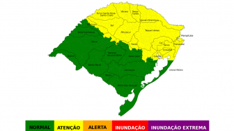 Avisos hidrológicos com mapa do Rio Grande do Sul em fundo branco com atualização do aviso hifrológico com metade para norte do estado em amarelo e o restante do estado fica em verde.