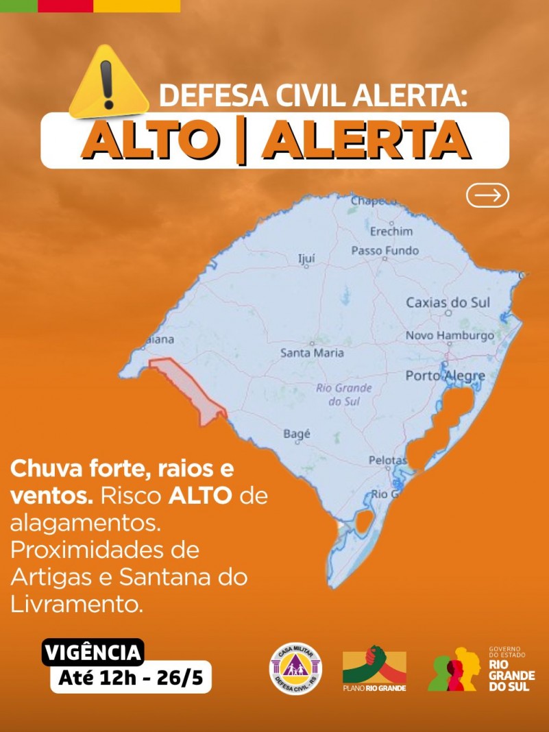 Defesa Civil alerta: Condição de ALERTA para chuva forte, raios e ventos