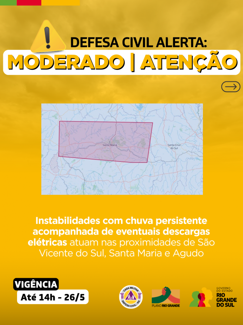 Recorte do mapa do rio grand do sul para a região de São Vicente do Sul, Sanata Maria e Agudo para instabilidade com chuva persistente acompanhada de eventuais descargas elétricas