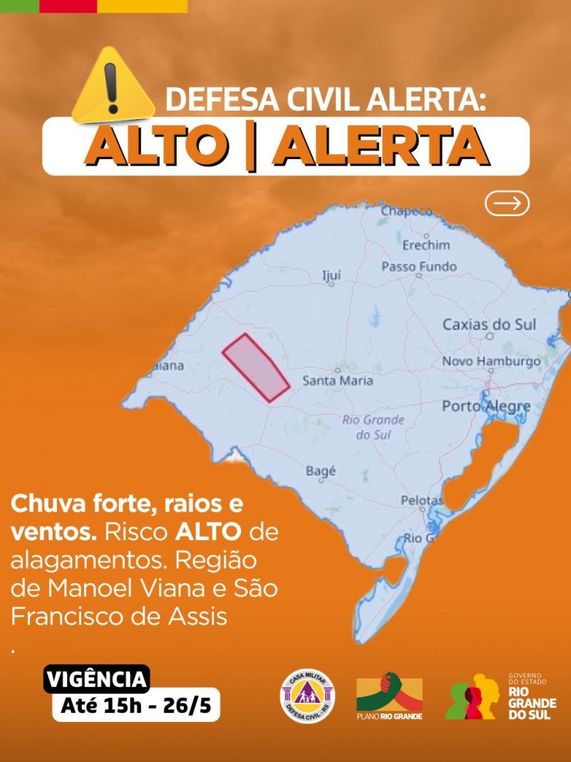 Defesa Civil alerta: Condição de ALERTA para chuva forte, raios e ventos.