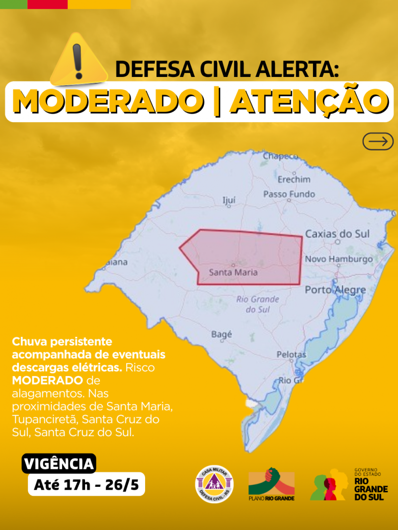 Alertas moderado para chuva persistente acompanhada de eventuais descargas elétricas