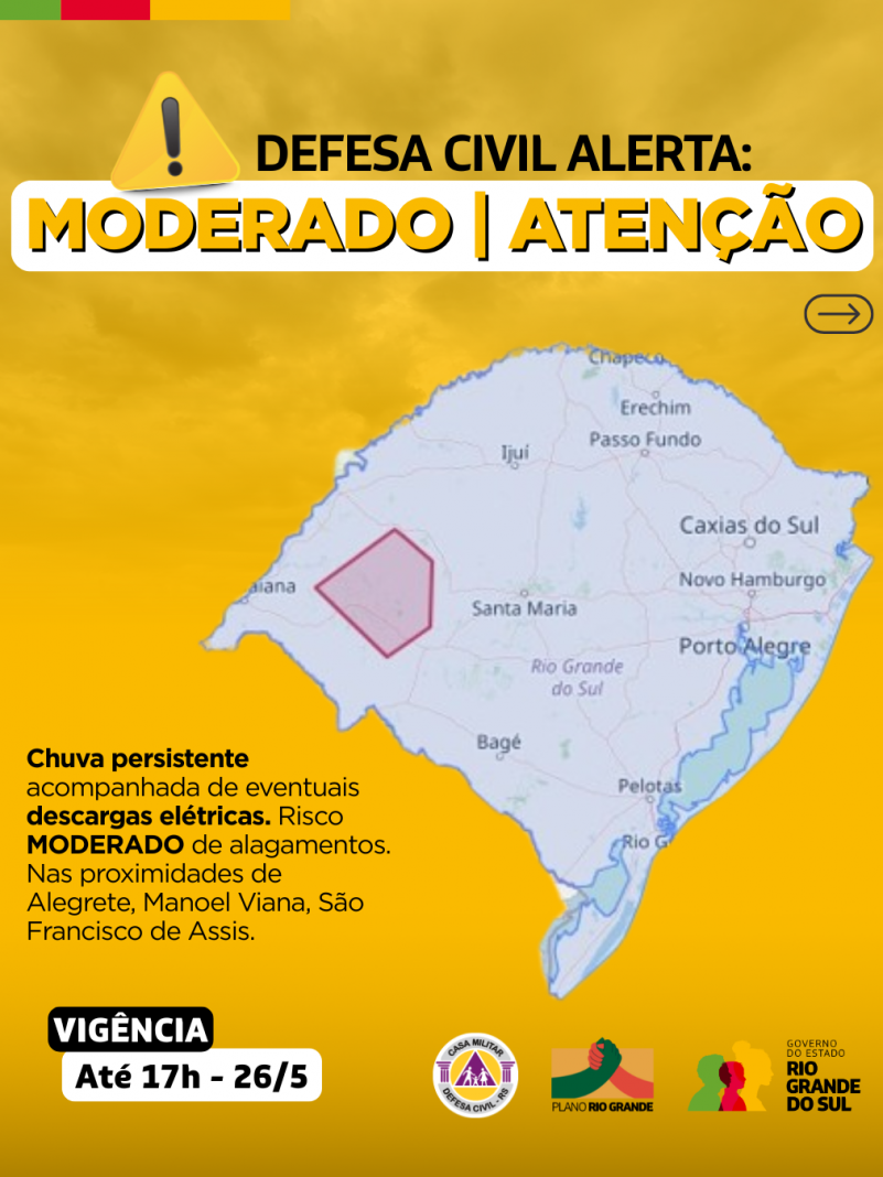 Alerta moderado para chuva persistente e eventuais descargas elétricas