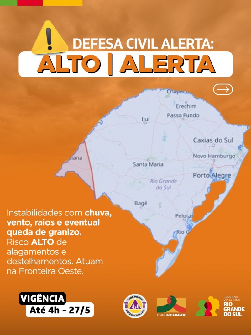 Defesa Civil alerta: Condição de ALERTA para chuva, vento, raios e eventual queda de granizo.