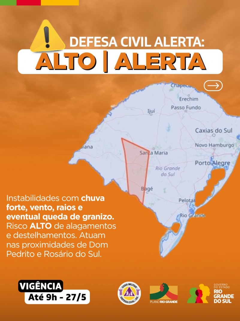 Defesa Civil alerta: Condição de ALERTA para chuva forte, vento, raios e eventual queda de granizo