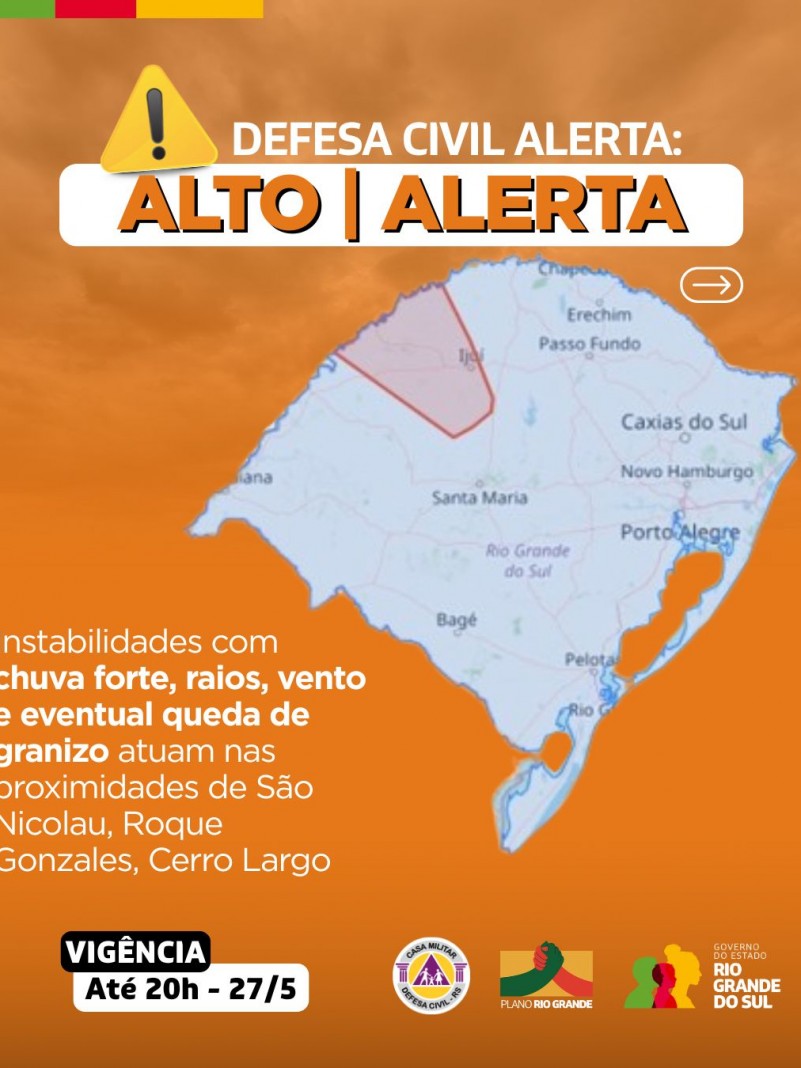 Defesa Civil alerta: Condição de ALERTA para chuva forte, descargas elétricas, rajadas de vento e eventual queda de granizo