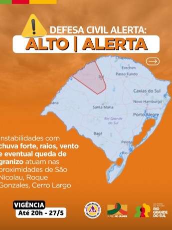 Defesa Civil alerta: Condição de ALERTA para chuva forte, descargas elétricas, rajadas de vento e eventual queda de granizo