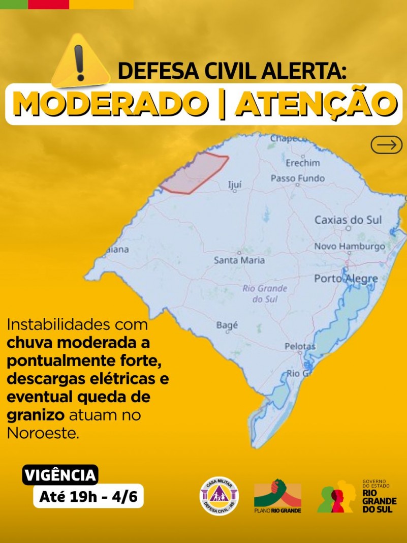 Defesa Civil alerta: Condição de ATENÇÃO para chuva moderada a pontualmente forte, acompanhadas de descargas elétricas e eventual queda de granizo, no Noroeste