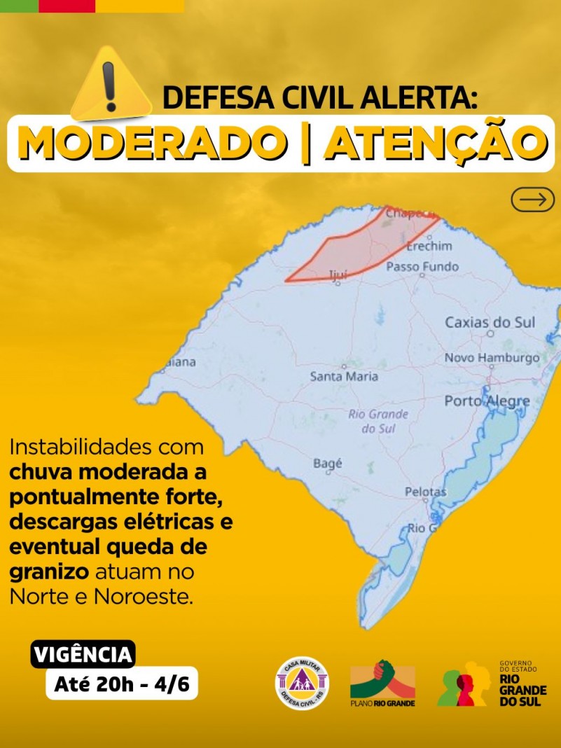 Defesa Civil alerta: Condição de ALERTA para chuva forte, descargas elétricas, rajadas de vento e eventual queda de granizo