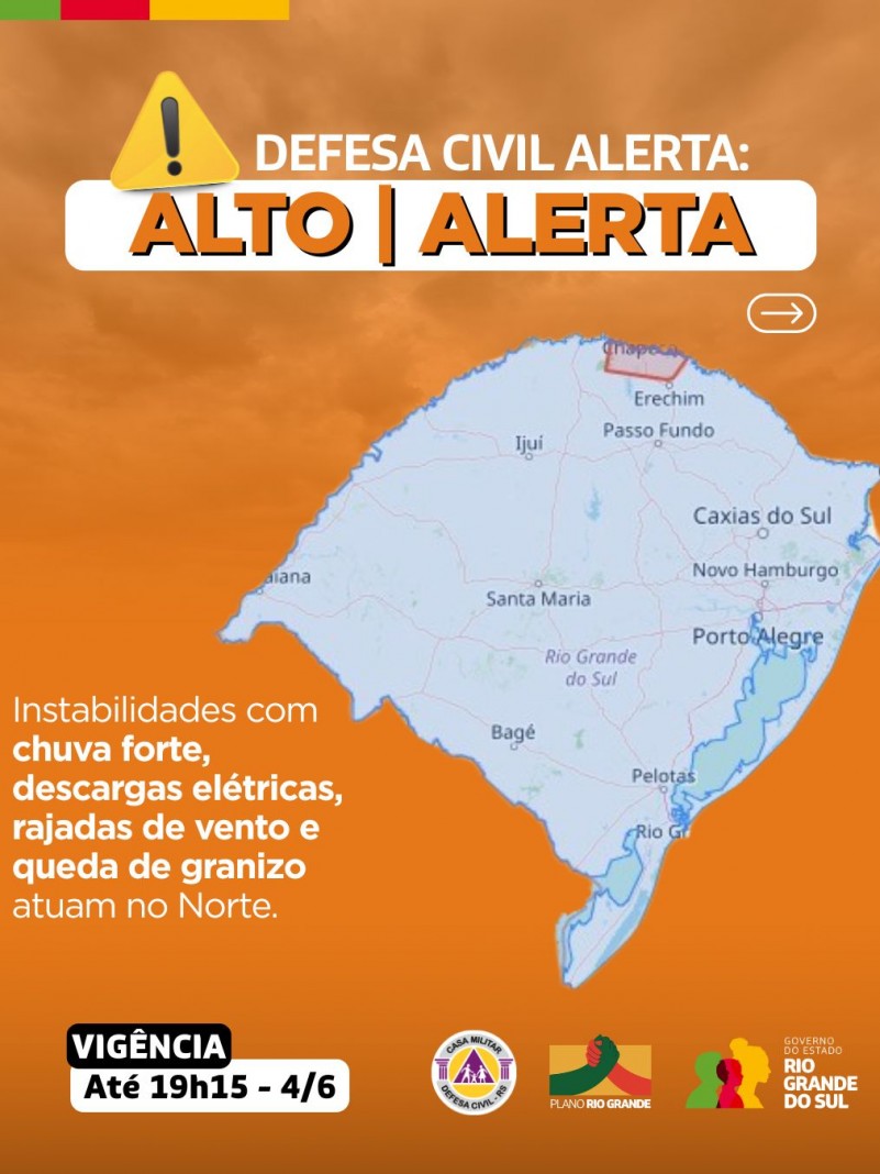 Defesa Civil alerta: condição de ALERTA para chuva forte, descargas elétricas, rajadas de vento e queda de granizo