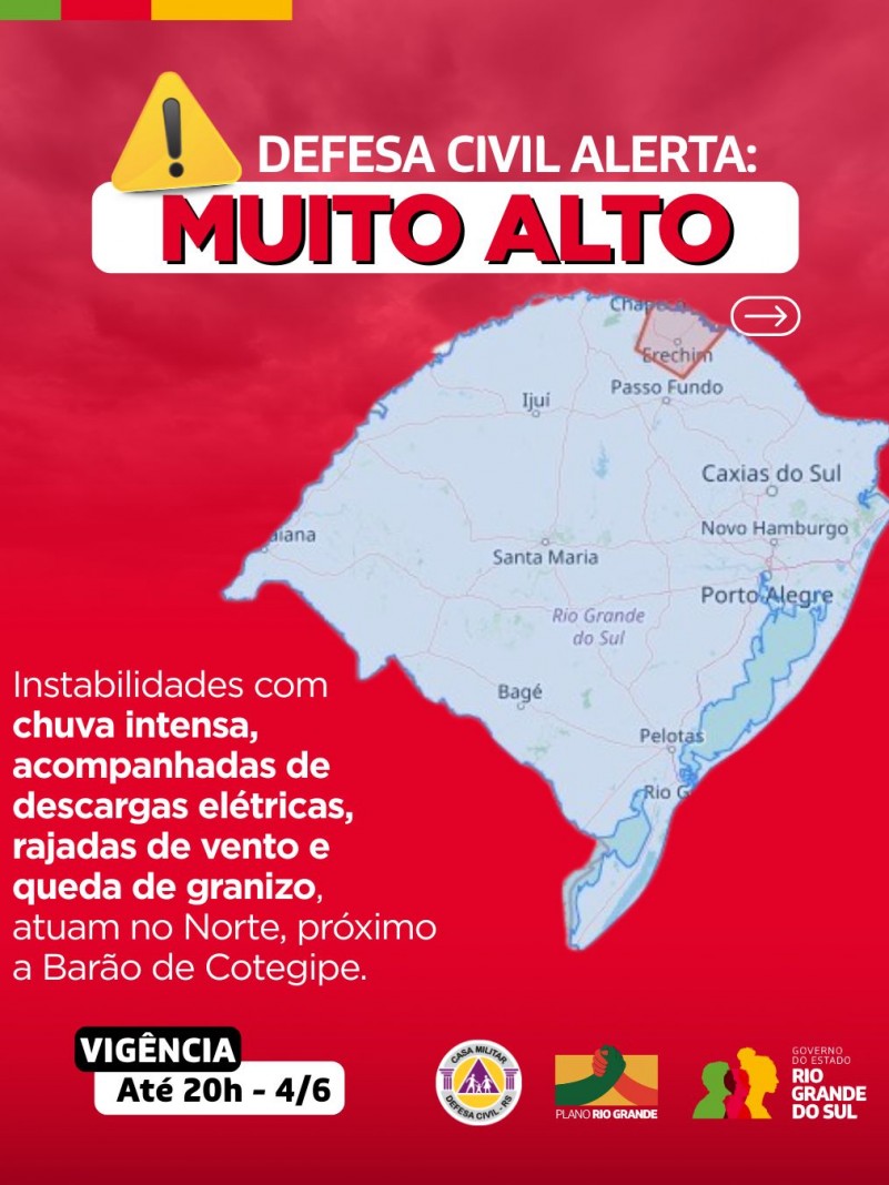 Defesa Civil alerta: condição SEVERA para chuva intensa, descargas elétricas, rajadas de vento e queda de granizo