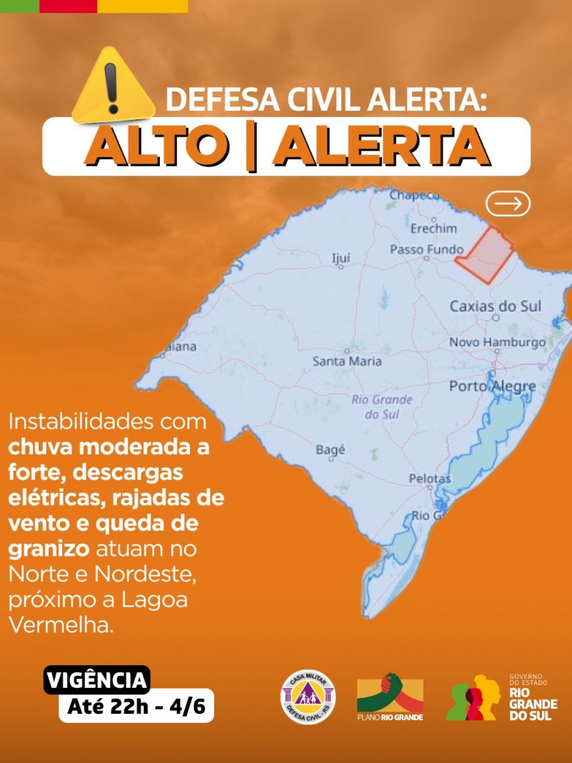 Defesa Civil alerta: condição de ALERTA para chuva moderada a forte, acompanhada de descargas elétricas, rajadas de vento e queda de granizo