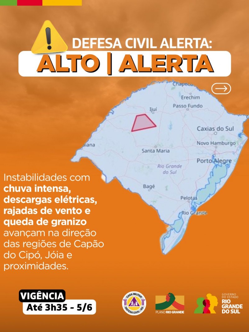 Defesa Civil alerta: condição de ALERTA para chuva intensa, descargas elétricas, rajadas de vento e queda de granizo