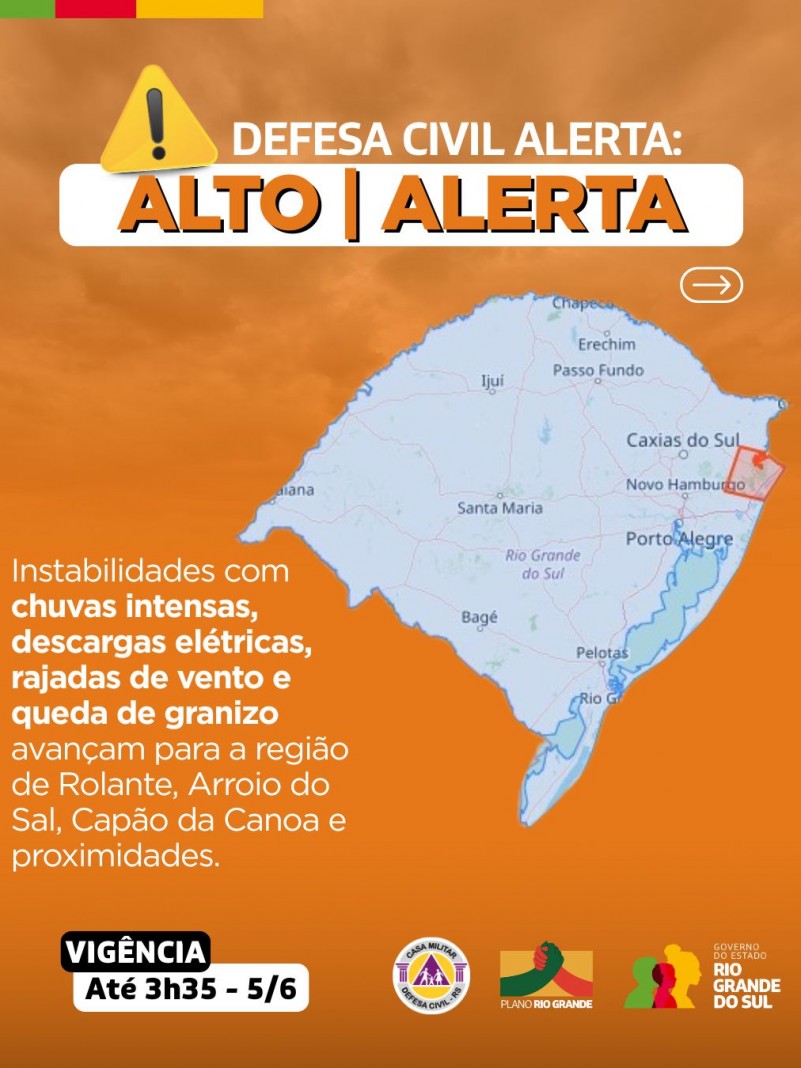Defesa Civil alerta: condição de ALERTA para chuva intensa, descargas elétricas, rajadas de vento e queda de granizo