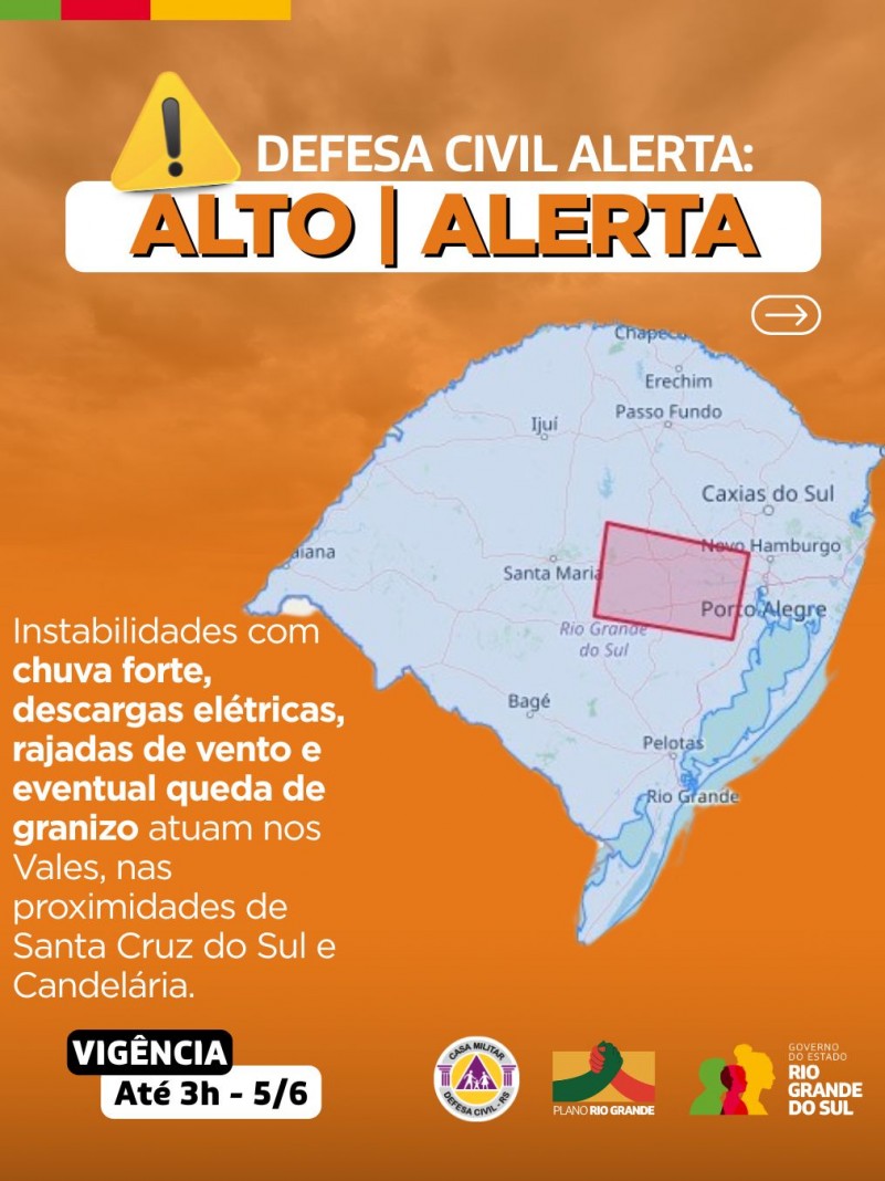 Defesa Civil alerta: Condição de ALERTA para instabilidades com chuva forte, acompanhadas de descargas elétricas, rajadas de vento e eventual queda de granizo