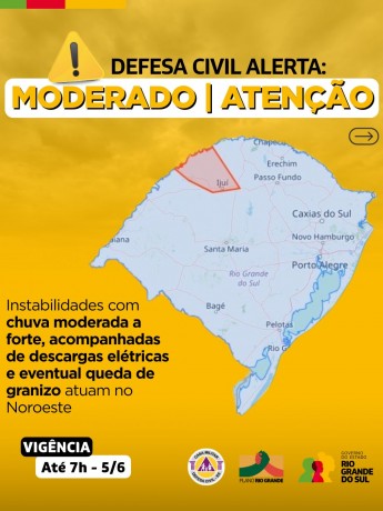Defesa Civil alerta: condição de ATENÇÃO para chuva moderada a forte, acompanhada de descargas elétricas e eventual queda de granizo