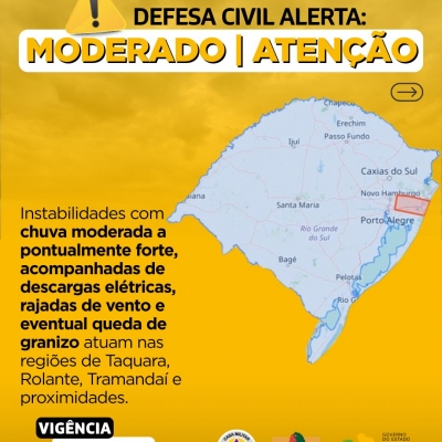 Defesa Civil alerta: condição de ATENÇÃO para chuva moderada a pontualmente forte, acompanhadas de descargas elétricas, rajadas de vento e eventual queda de granizo
