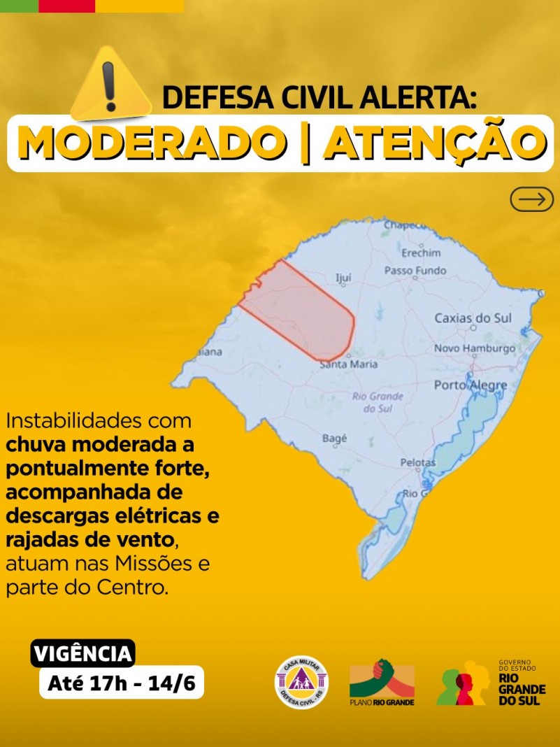 Defesa Civil alerta: Condição de ATENÇÃO para instabilidades com chuva moderada a pontualmente forte, raios e vento