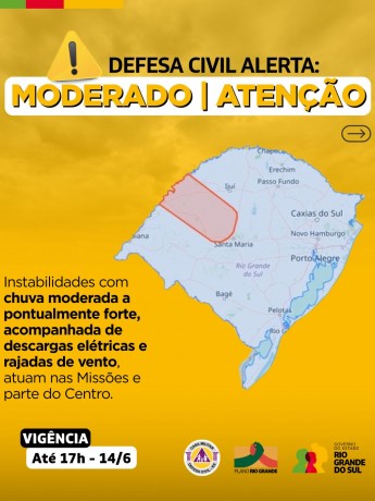Defesa Civil alerta: Condição de ATENÇÃO para instabilidades com chuva moderada a pontualmente forte, raios e vento 