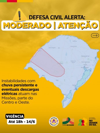 Defesa Civil alerta: Condição de ATENÇÃO para instabilidades com chuva persistente e eventuais descargas elétricas