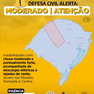 Defesa Civil alerta: Condição de ATENÇÃO para instabilidades com chuva moderada a pontualmente forte, raios e vento 