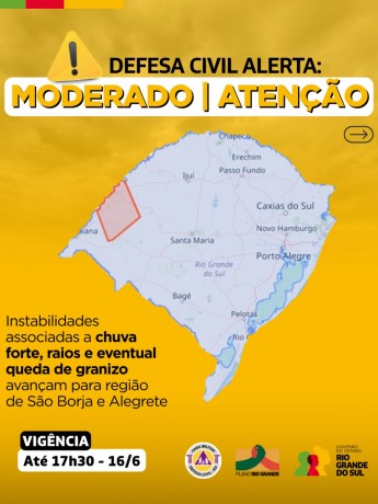 Alerta moderado para região de São Borja e Alegrete
