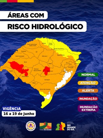 Mapa do RS em fundo azul escuro com mal sobre a atualização do aviso hidrológico com pedaços do mapa em amarelo, laranja e vermelho para os dias 16 a 19 de junho. 
