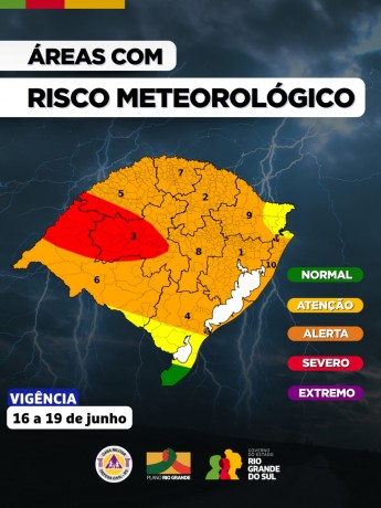 Mapa do RS em fundo azul escuro como ceu com chuva e raios em cores verde (bem ao sul), amarela, laranja e vermelha