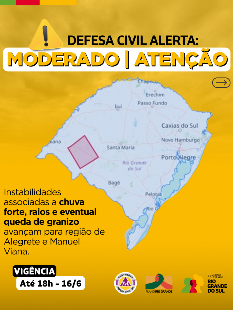 Alerta moderado para região de Alegrete e Manuel Viana