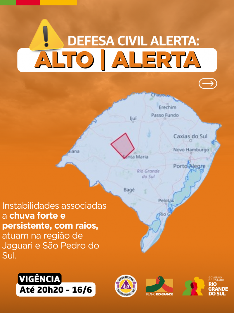 Defesa Civil alerta: Condição de ALERTA para instabilidades associadas a chuva forte e persistente, com raios