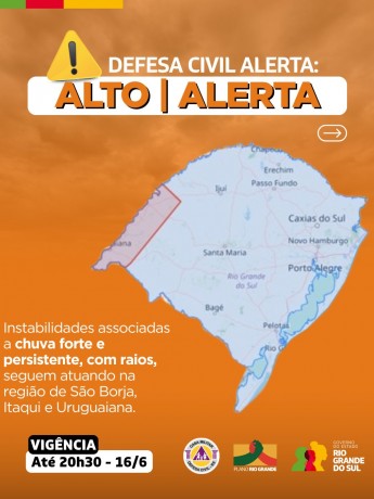 Defesa Civil alerta: Condição de ALERTA para instabilidades associadas a chuva forte e persistente, com raios