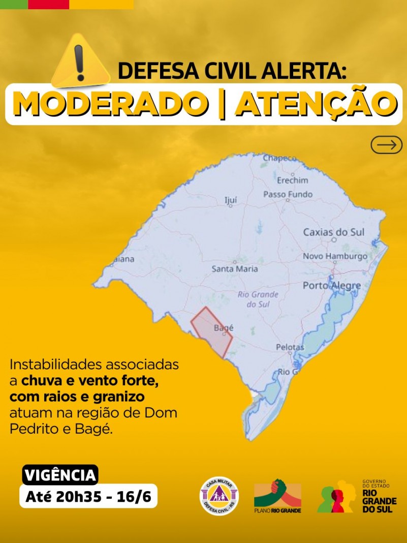 Defesa Civil alerta: Condição de ATENÇÃO para instabilidades associadas a chuva e vento forte, com raios e granizo