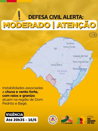 Defesa Civil alerta: Condição de ATENÇÃO para instabilidades associadas a chuva e vento forte, com raios e granizo