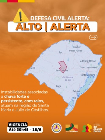 Defesa Civil alerta: Condição de ALERTA para instabilidades associadas a chuva forte e persistente, com raios