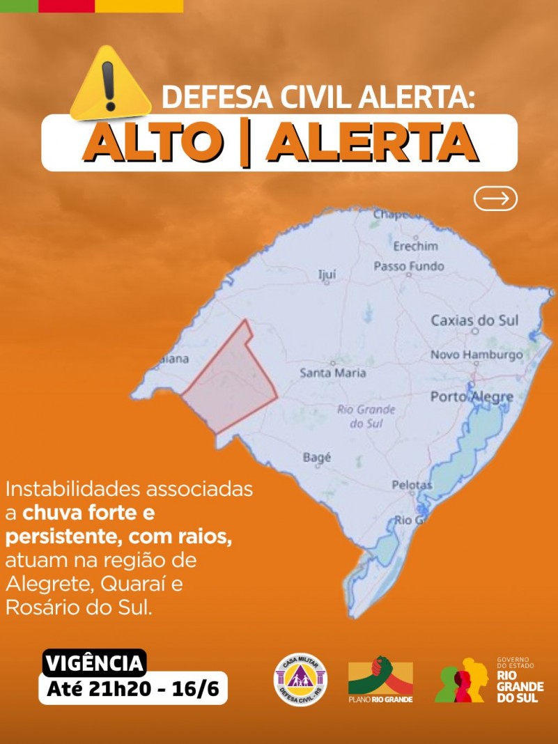 Defesa Civil alerta: Condição de ALERTA para instabilidades associadas a chuva forte e persistente, com raios