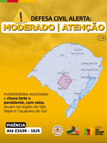 Defesa Civil alerta: Condição de ATENÇÃO para instabilidades associadas a chuva forte e persistente, com raios