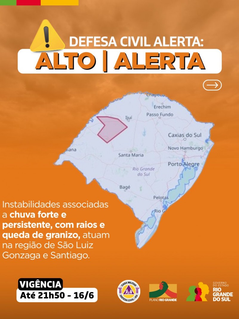 Defesa Civil alerta: Condição de ALERTA para instabilidades associadas a chuva forte e persistente, com raios e queda de granizo