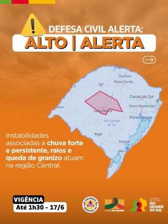 Defesa Civil alerta: Condição de ALERTA para instabilidades associadas a chuva forte e persistente, raios e queda de granizo