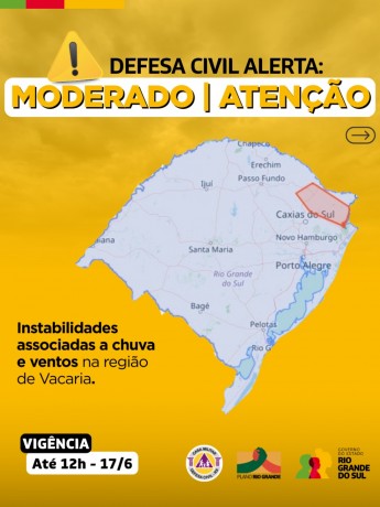 mapa do RS em fundo AMARELO para estado de atenção sobre instabilidade associadas a chuva e ventos na região de Vacaria até o 12h do dia 17/06