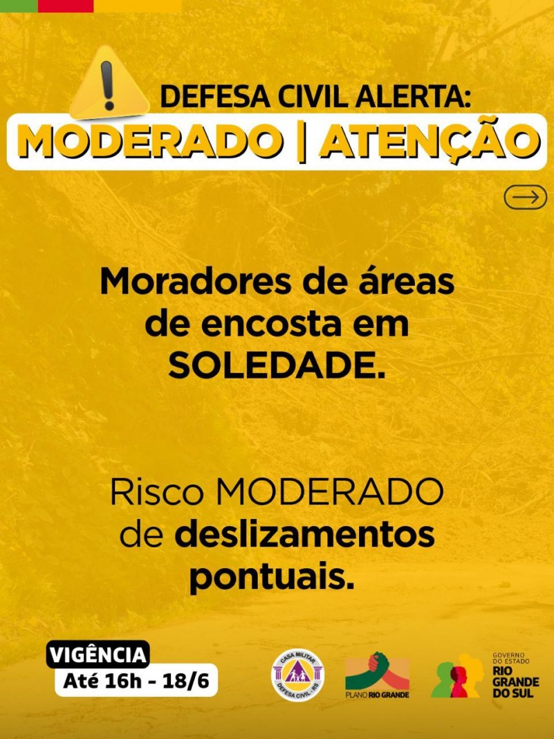 Alerta de deslizamento de encosta em Soledade