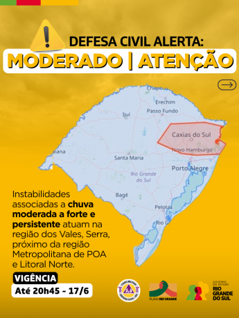Alerta moderado para chuva moderada a forte e persistente