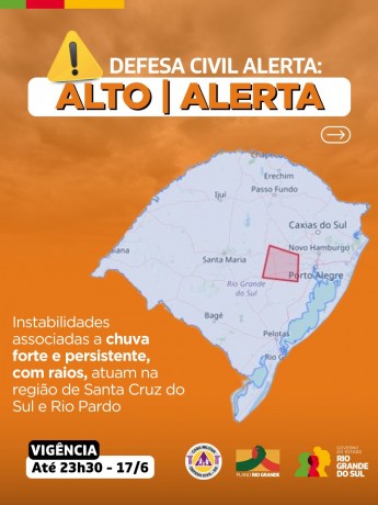 Defesa Civil alerta: Condição de ALERTA para instabilidades associadas a chuva forte e persistente, com raios