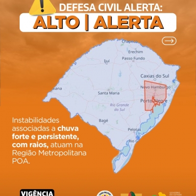 Defesa Civil alerta: Condição de ALERTA para instabilidades associadas a chuva forte e persistente, com raios